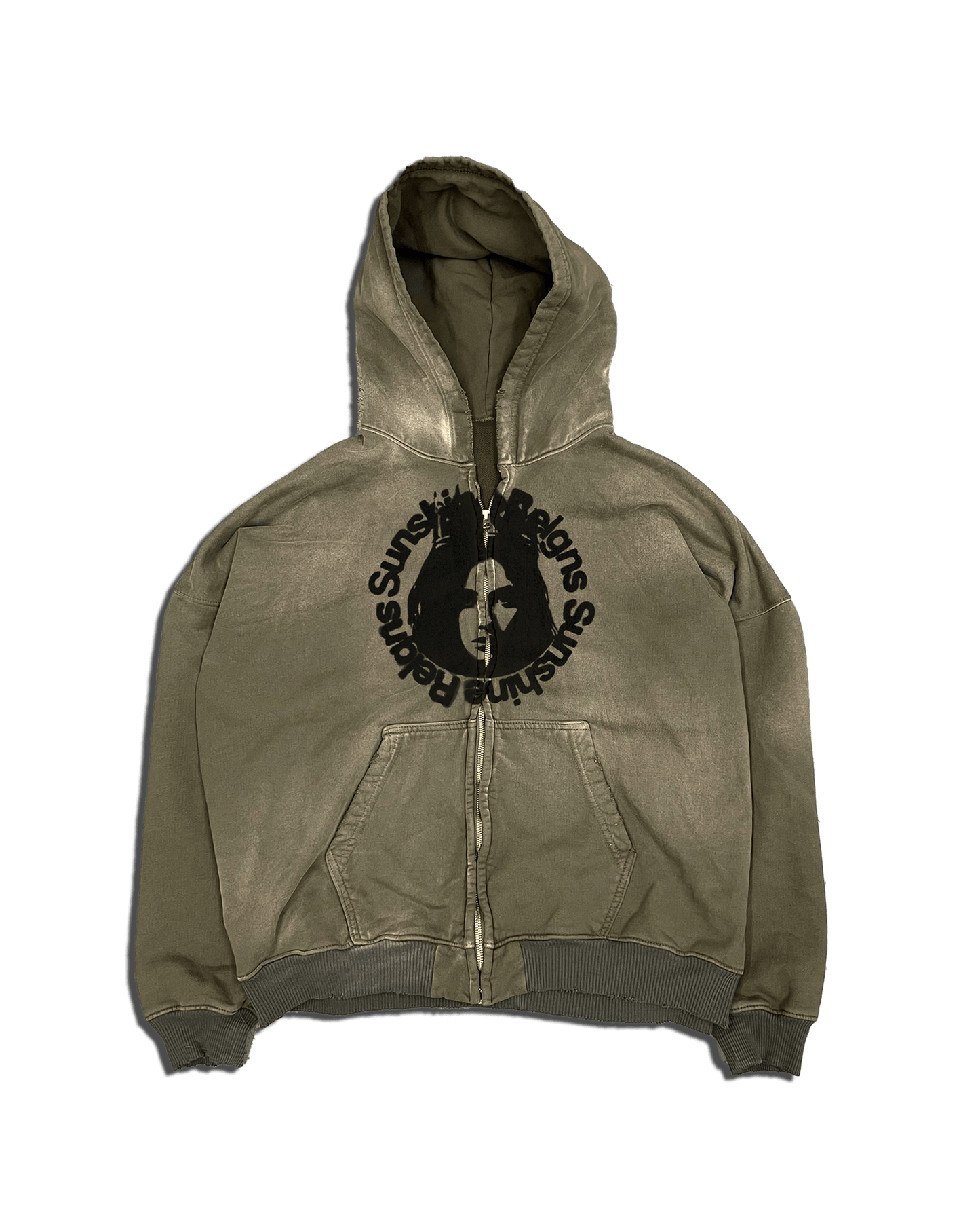 An olive Sunshine Reigns zip up hoodie with a screen print on the chest