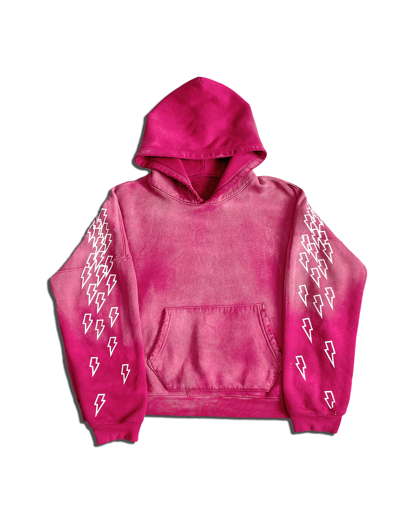 A pink Sunshine Reigns hoodie with lightning bolts screen printed on the arms