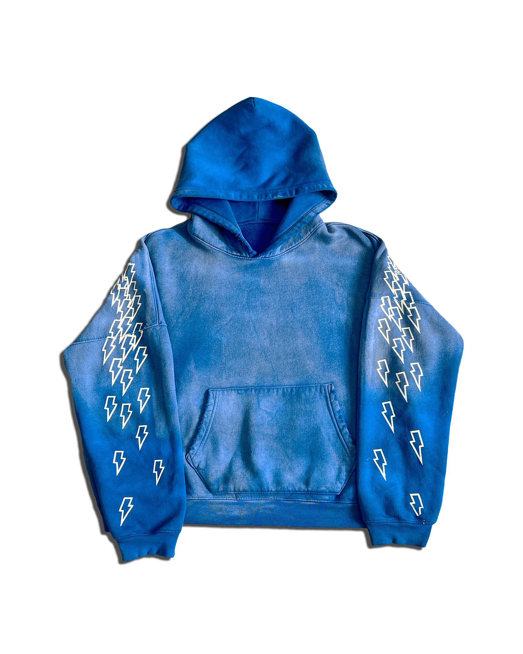A blue Sunshine Reigns hoodie with lightning bolts screen printed on the arms