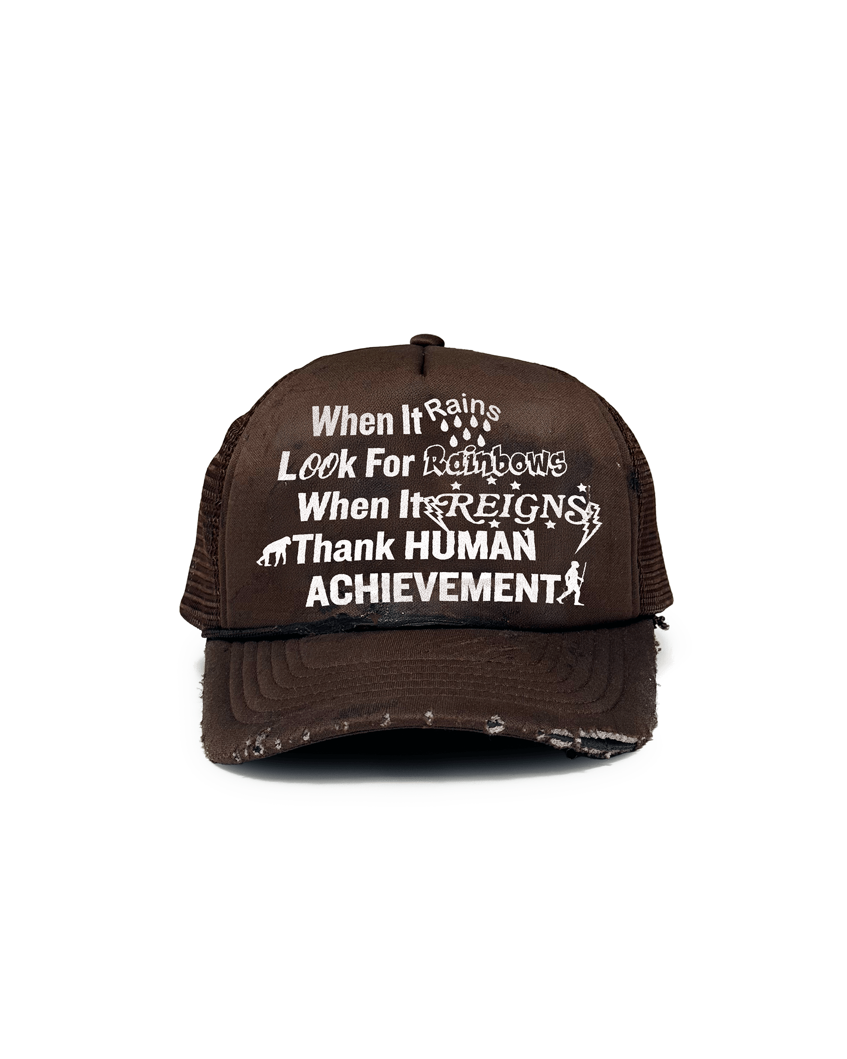 A brown Sunshine Reigns trucker hat with a vinyl print on the front