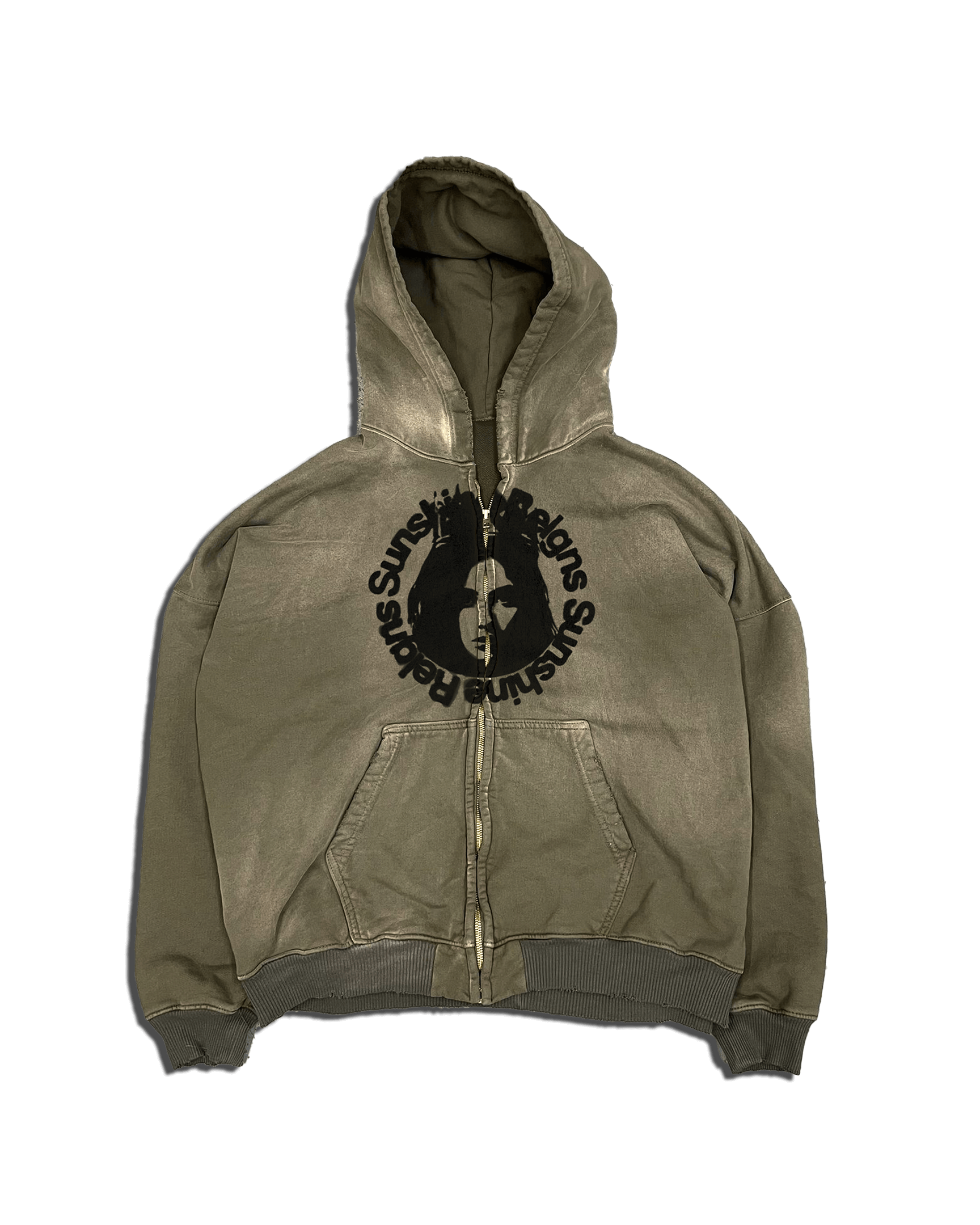 An olive Sunshine Reigns zip up hoodie with a screen print on the chest