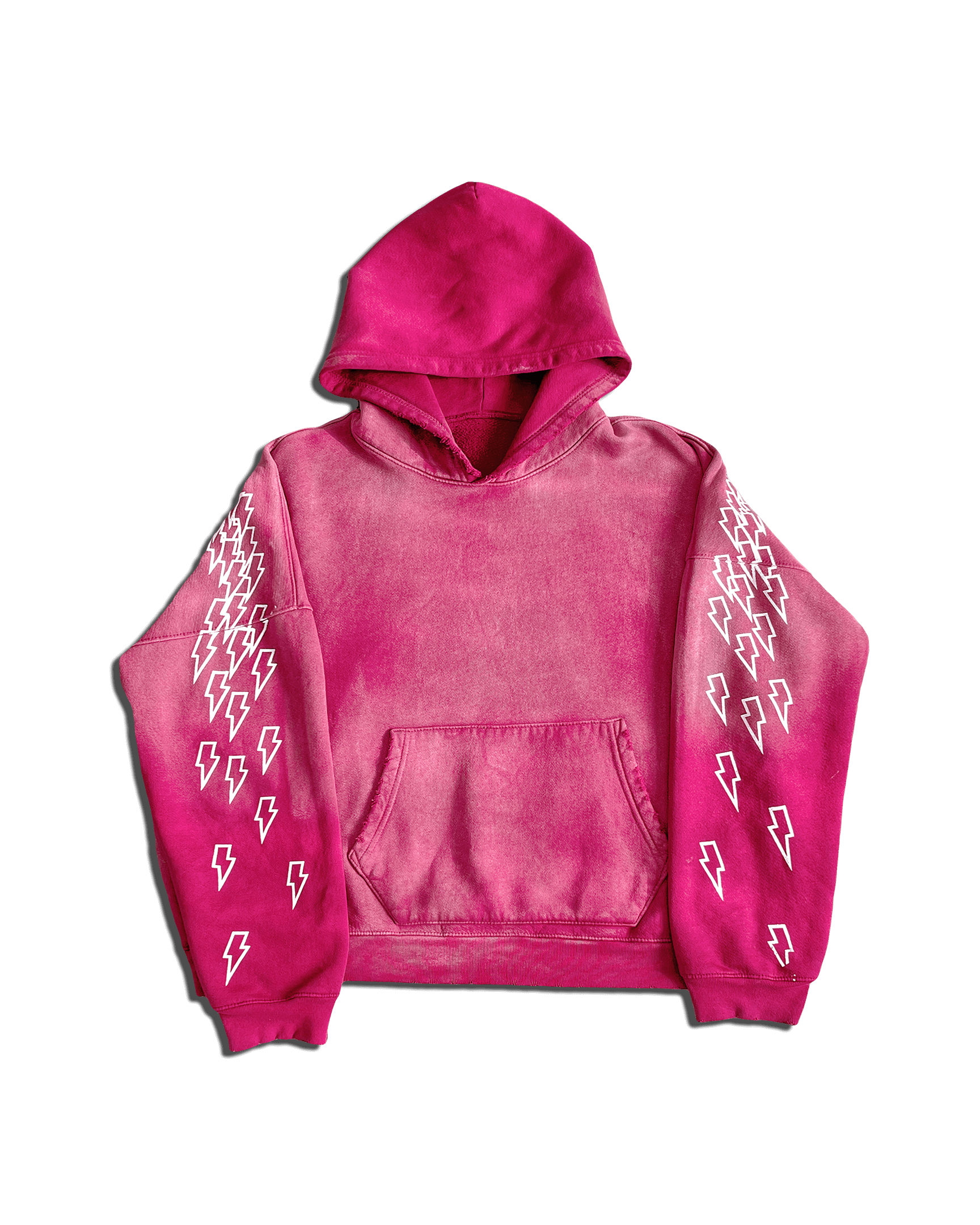 A pink Sunshine Reigns hoodie with lightning bolts screen printed on the arms